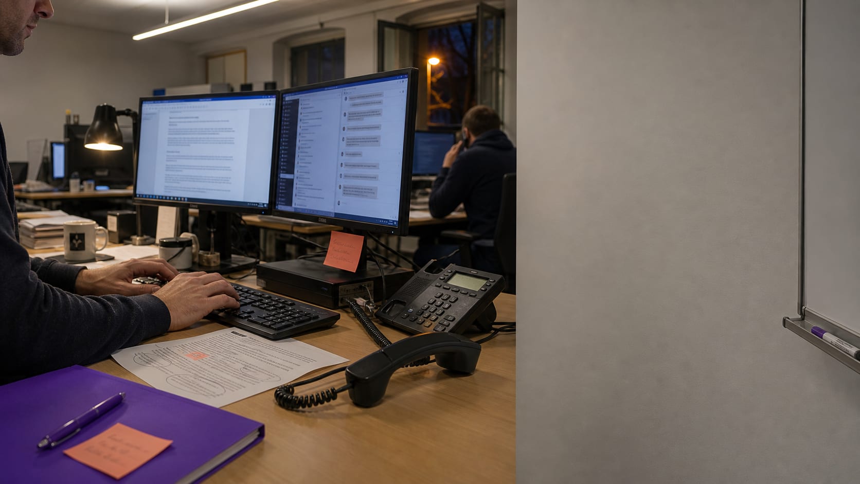 Arbeitsplatz mit zwei Monitoren, Telefon und Notizen. Ein neuer Beschluss wird in die Antworten eingearbeitet.