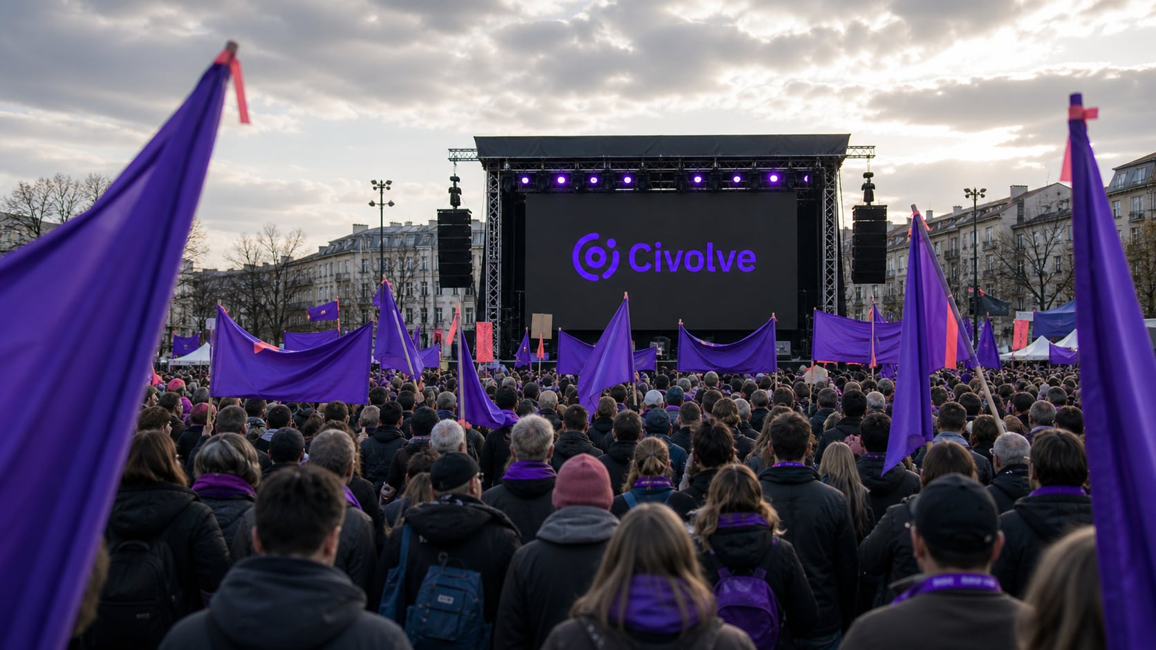 Menschenmenge mit lila civolve-Fahnen vor einer Buehne, auf deren Bildschirm das civolve-Logo leuchtet. Demonstration mit gesellschaftlichen Akteuren bei Daemmerung.